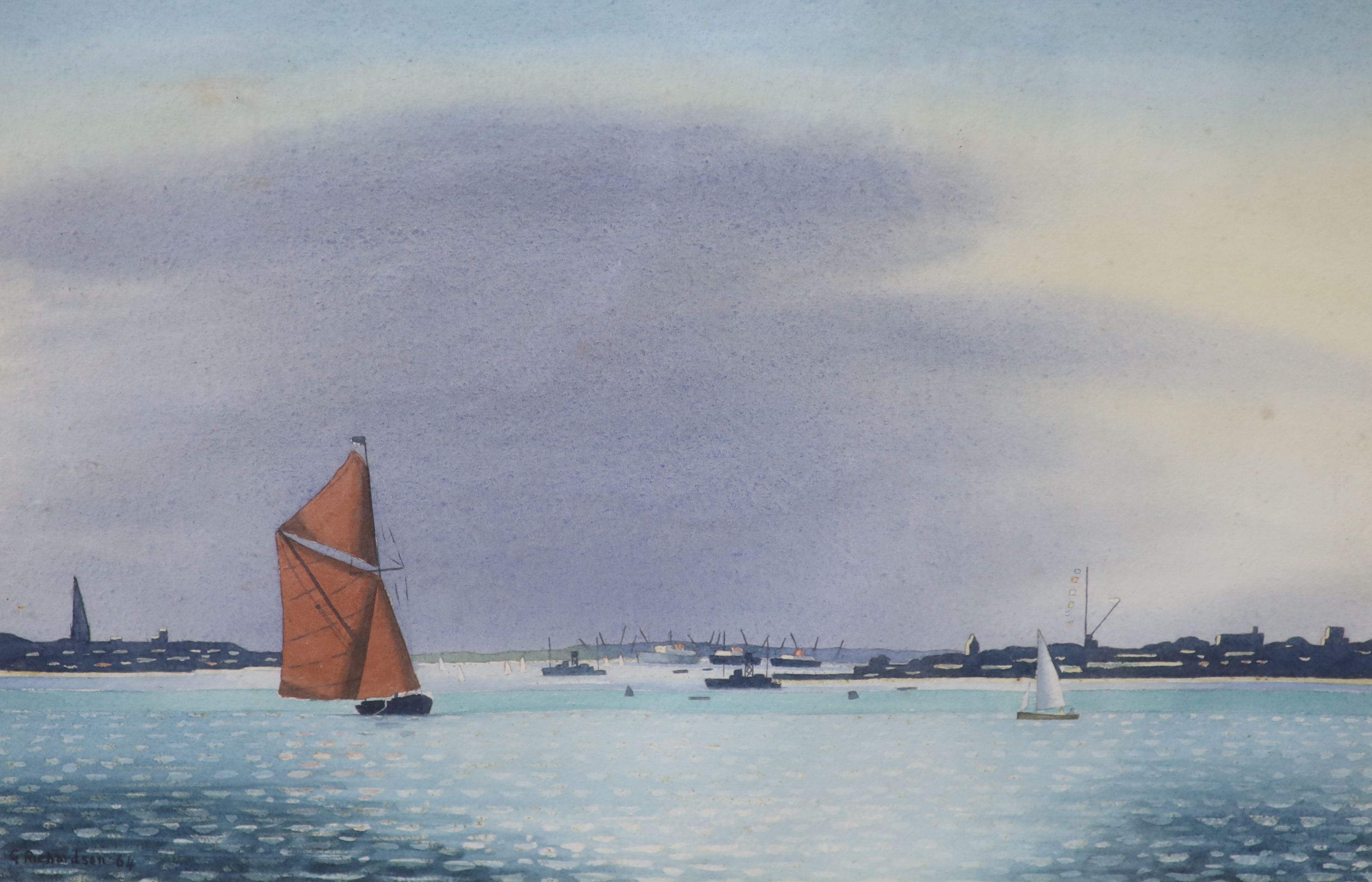 Geoffrey Philip Richardson (1928-), watercolour, Harwich harbour, Essex, signed and dated 64, 36 x 52cm